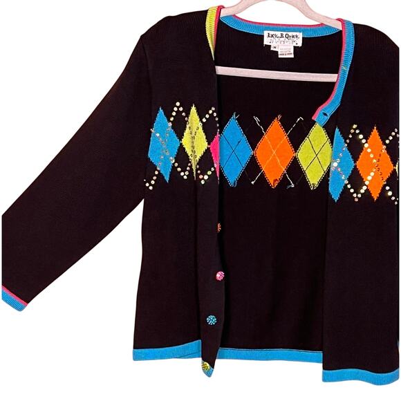 Vintage Jack B Quick Argyle Black Pink Green Blue Cardigan Sweater Medium - Picture 4 of 6